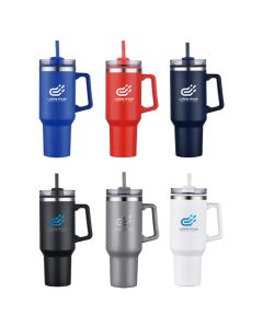 40OZ Double wall Insulated travel mug with handle and straw. PP liner, SS outer with painting