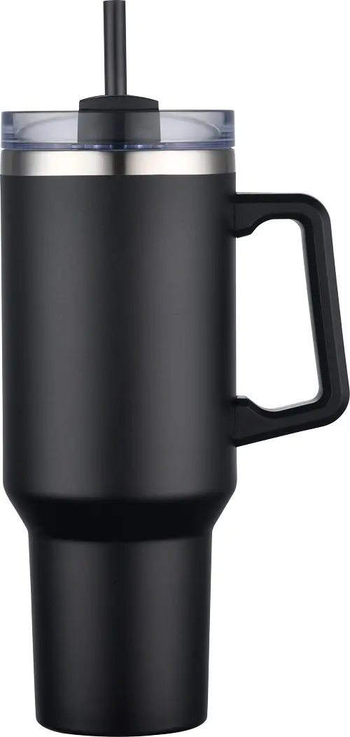[LS-102- Black] 40oz Vacuum Insulated  Travel mug with handle and straw (Black)