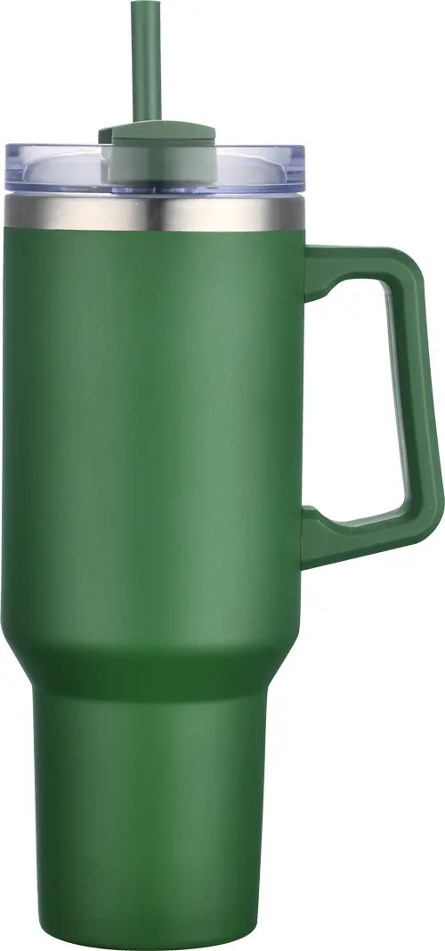 [LS-102- Green] 40oz Vacuum Insulated  Travel mug with handle and straw (Green)