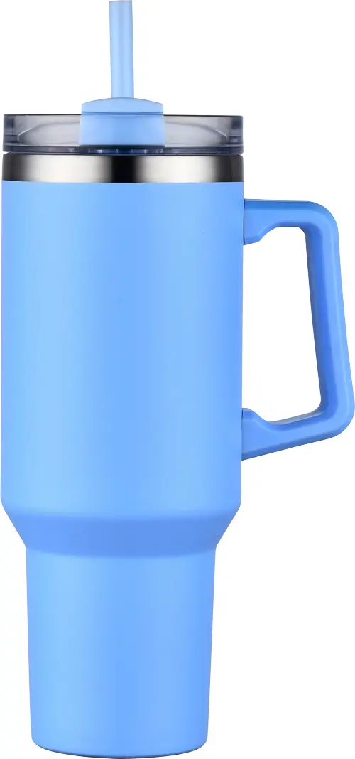 [LS-102- Light Blue] 40oz Vacuum Insulated  Travel mug with handle and straw (Light Blue)