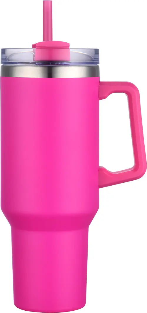 [LS-102- Magenta] 40oz Vacuum Insulated  Travel mug with handle and straw (Magenta)