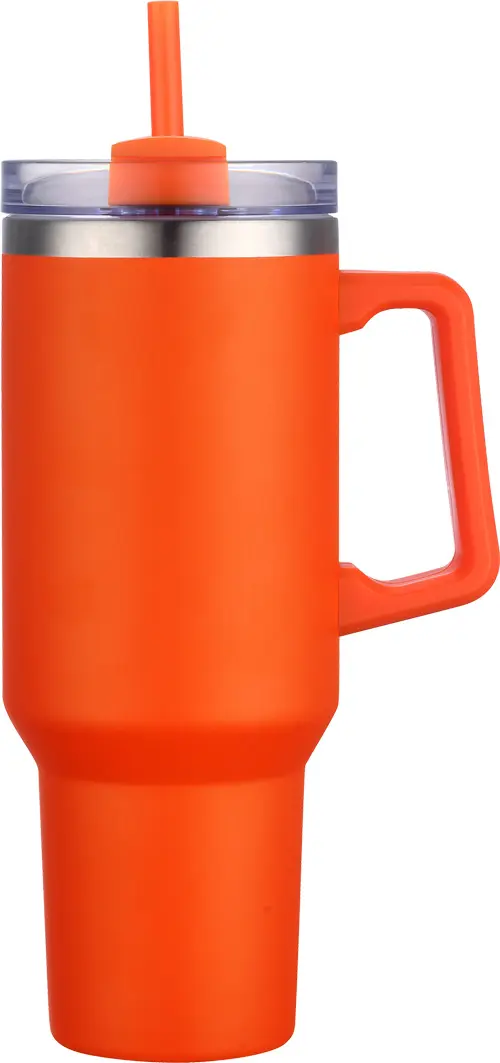 [LS-102- Orange] 40oz Vacuum Insulated  Travel mug with handle and straw (Orange)