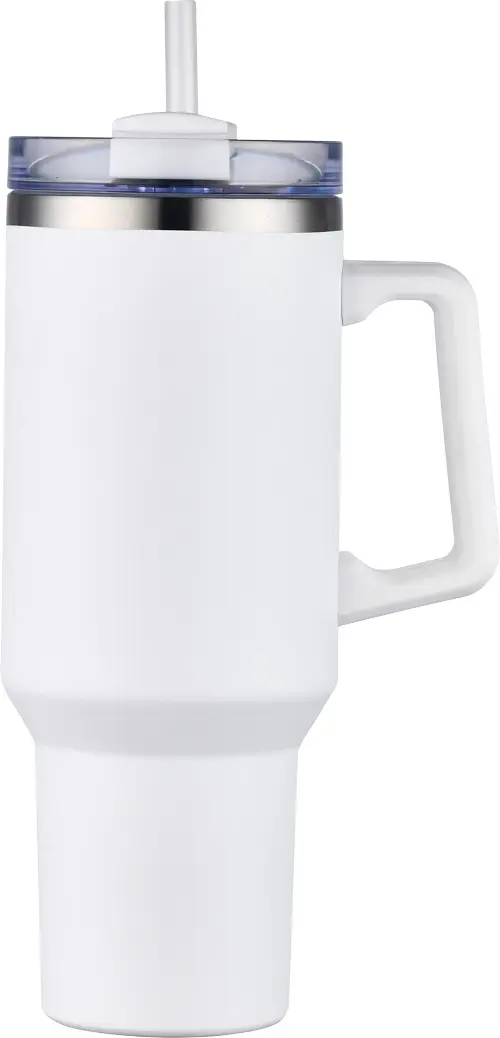 [LS-102- White] 40oz Vacuum Insulated  Travel mug with handle and straw (White)