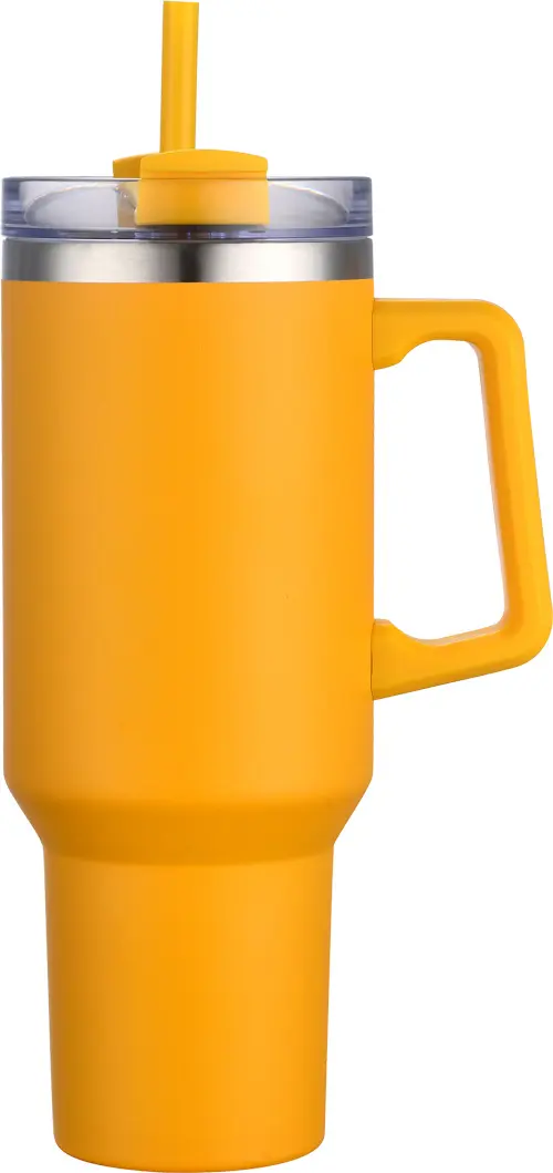 [LS-102- Yellow] 40oz Vacuum Insulated  Travel mug with handle and straw (Yellow)