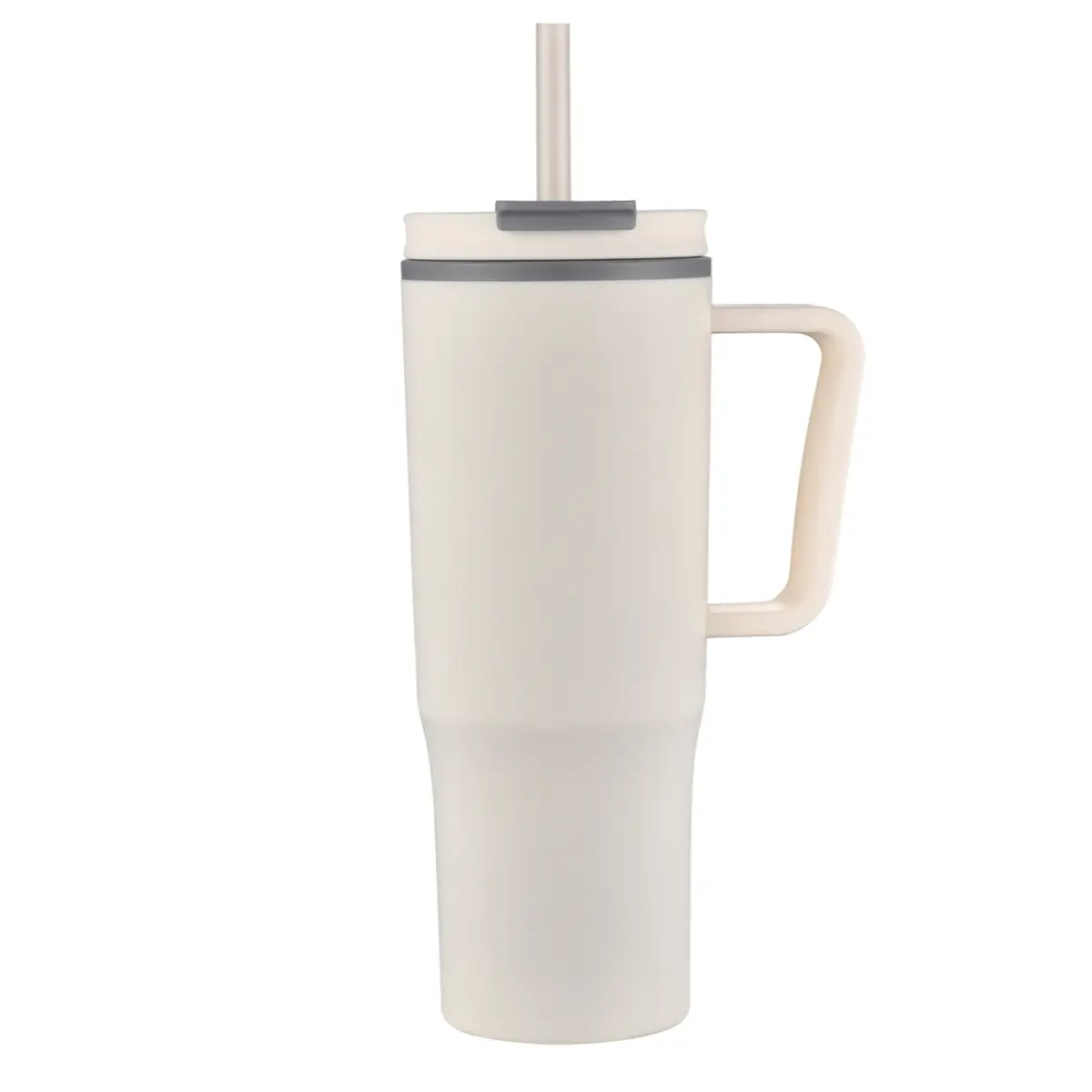 [LS-130C- Cream] 30oz Double wall plastic travel mug with handle and straw (Cream)