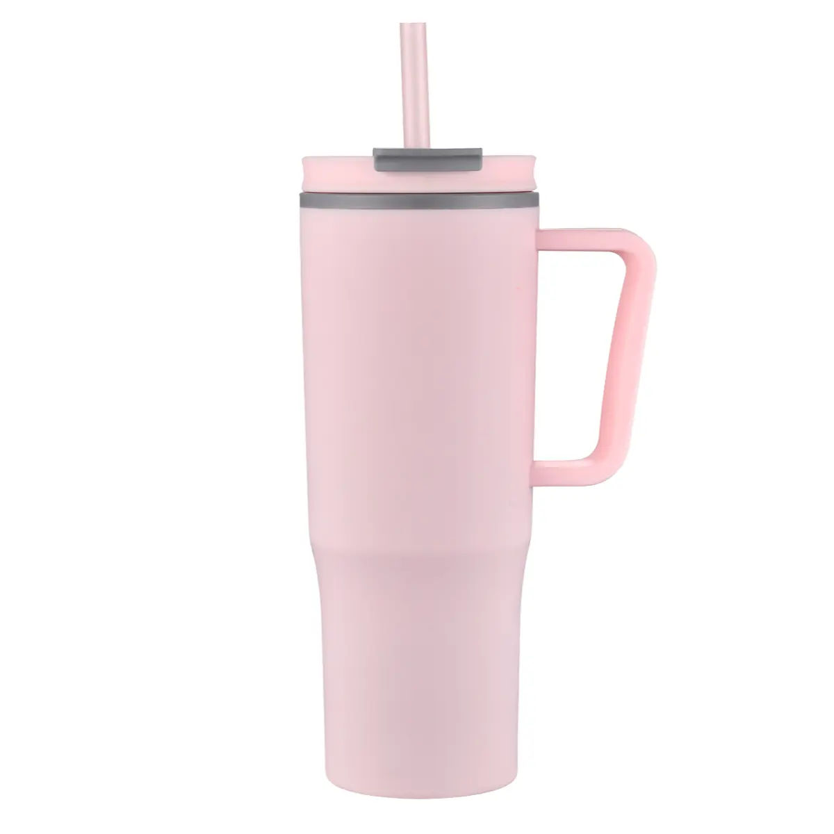 [LS-130C- Pink] 30oz Double wall plastic travel mug with handle and straw (Pink)