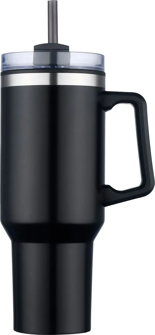 [LS-202A- Black] 40oz Double wall Insulated travel mug with handle and straw. PP liner, SS outer with painting (Black)