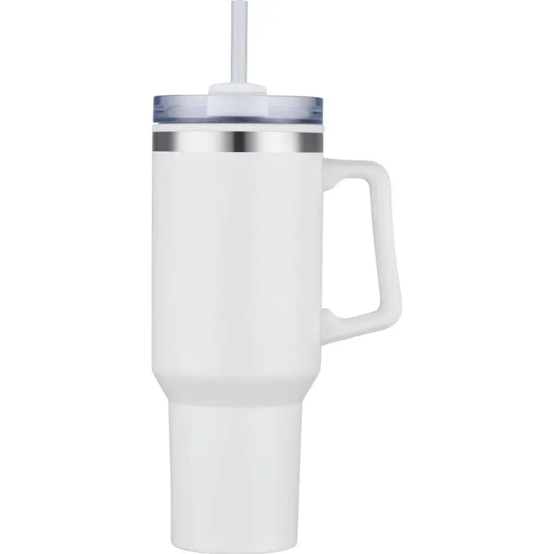 [LS-202A- White] 40oz Double wall Insulated travel mug with handle and straw. PP liner, SS outer with painting (White)