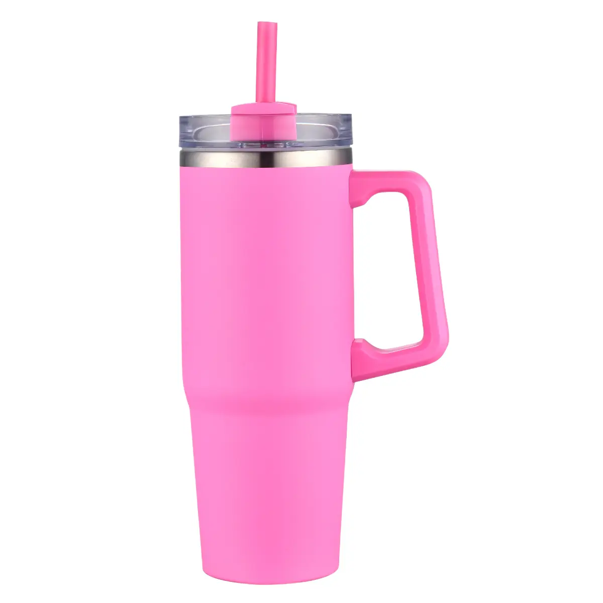 [LS-303- Hot Pink] 30OZ Double wall SS vacuum mug with handle and straw (Hot Pink)