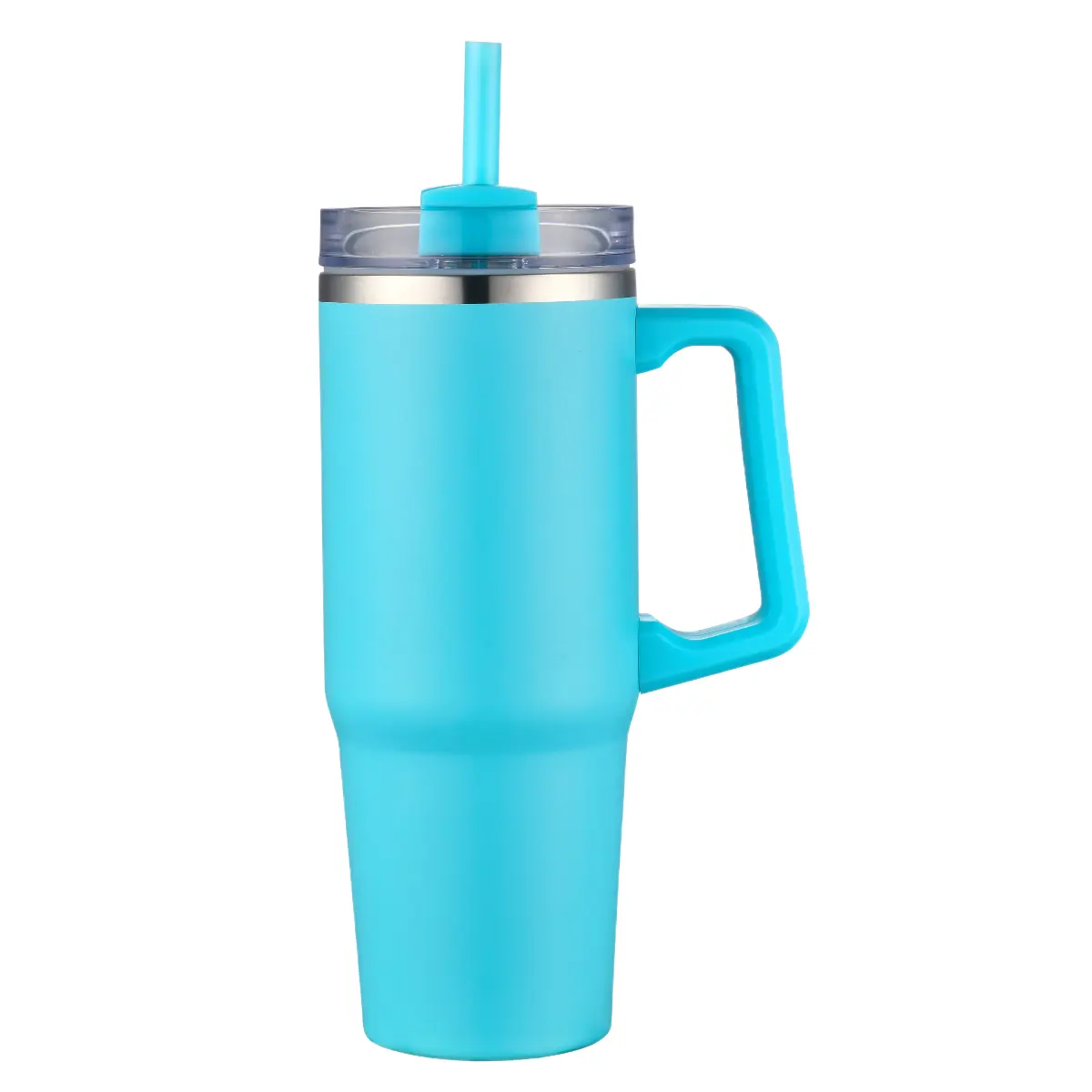 [LS-303- Light Blue] 30OZ Double wall SS vacuum mug with handle and straw (Light Blue)