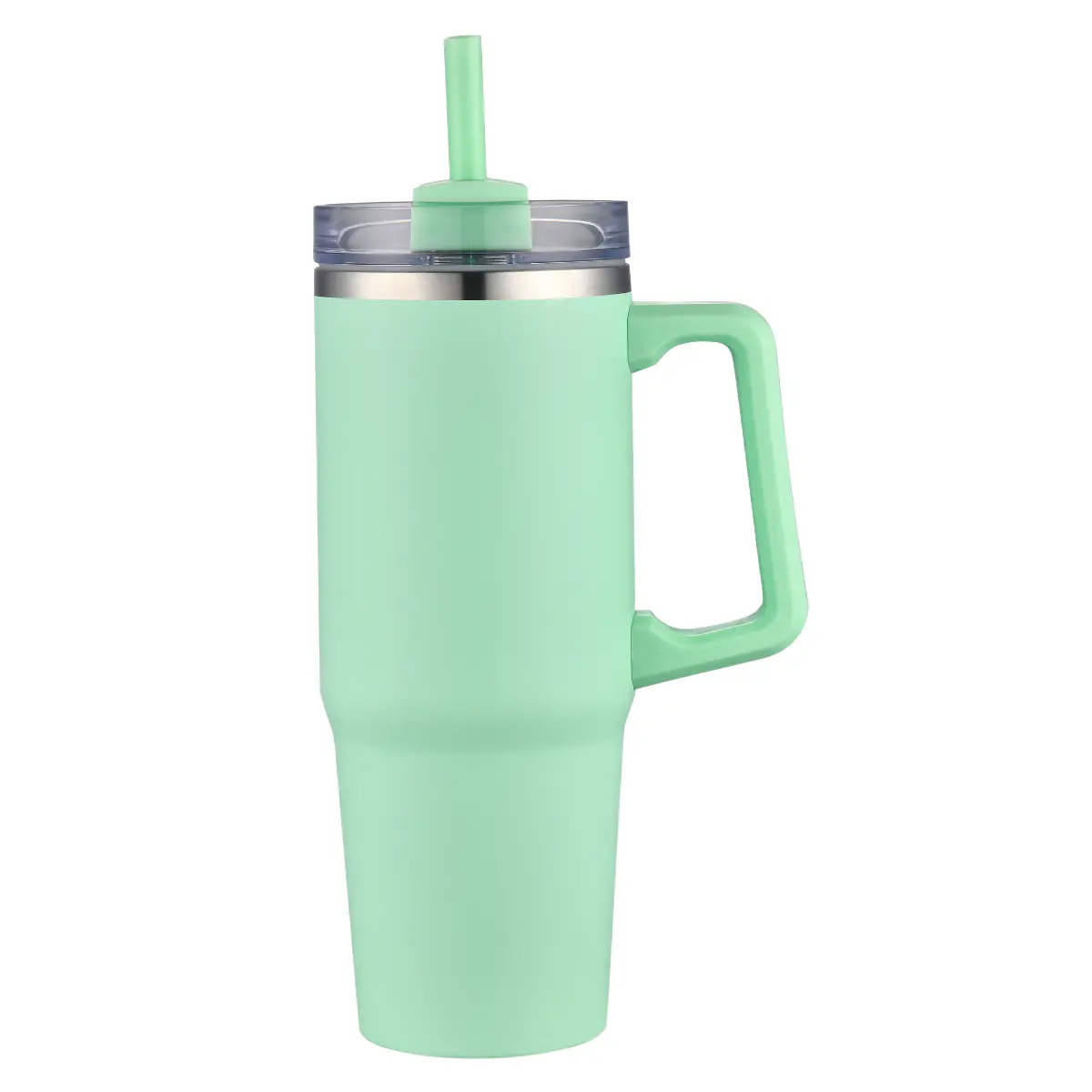 [LS-303- Light Green] 30OZ Double wall SS vacuum mug with handle and straw (Light Green)