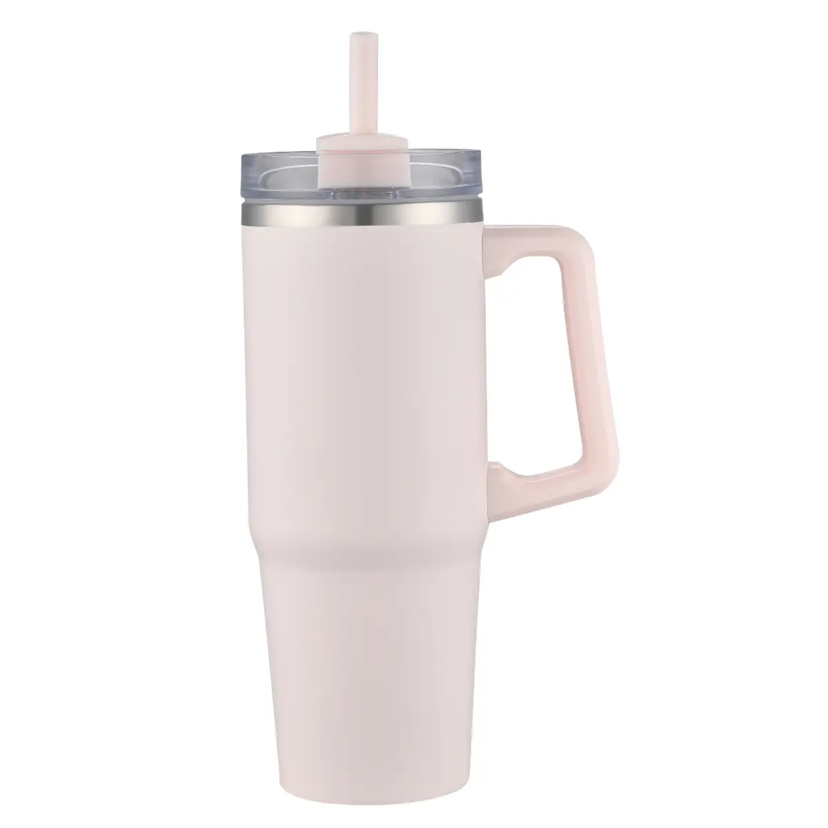 [LS-303- Light Pink] 30OZ Double wall SS vacuum mug with handle and straw (Light Pink)