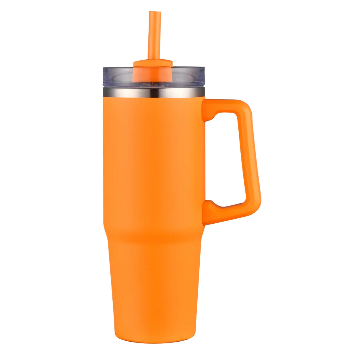 [LS-303- Orange] 30OZ Double wall SS vacuum mug with handle and straw (Orange)