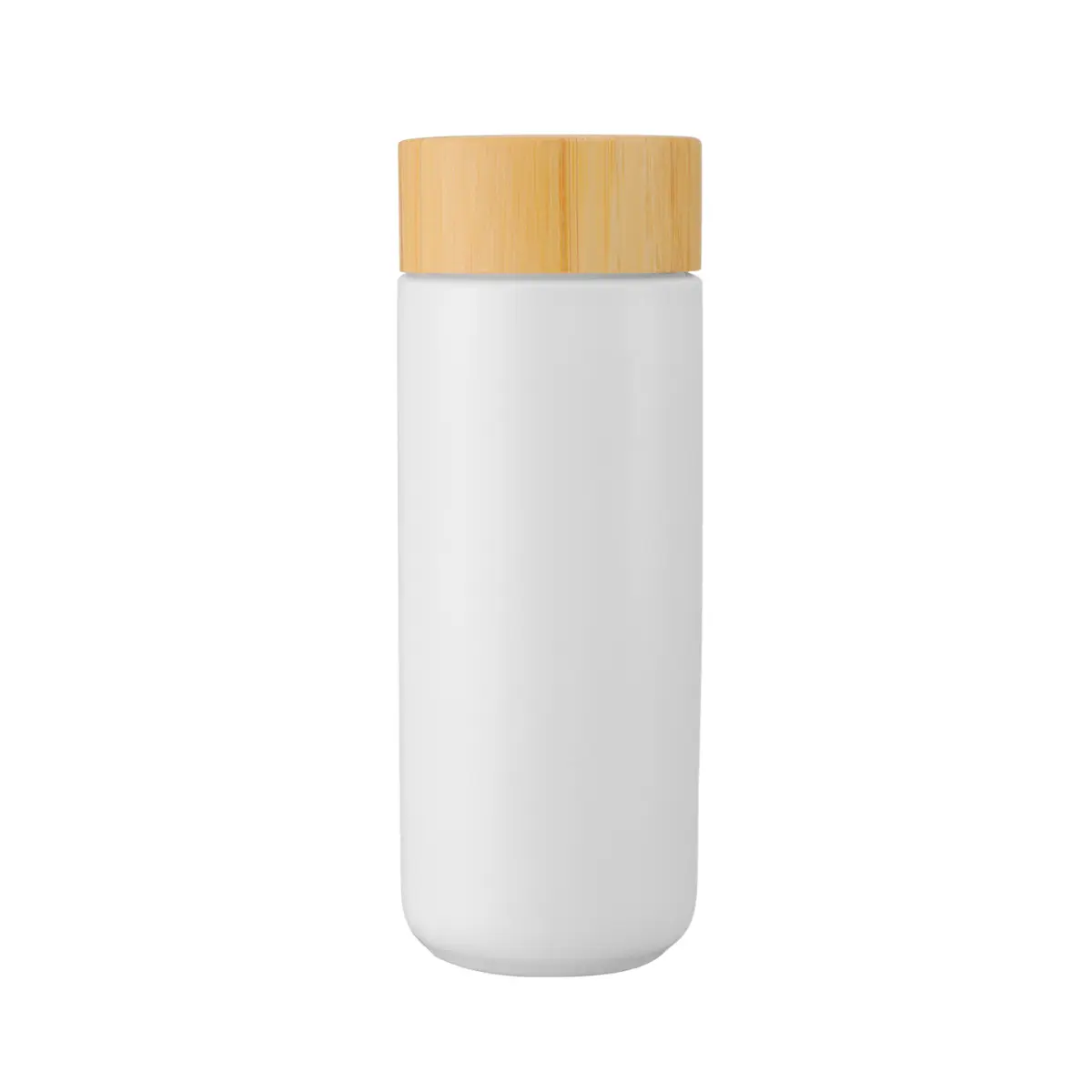 [LS-823- White] 10oz. Double Wall Ceramic Bottle w/Bamboo Lid (White)
