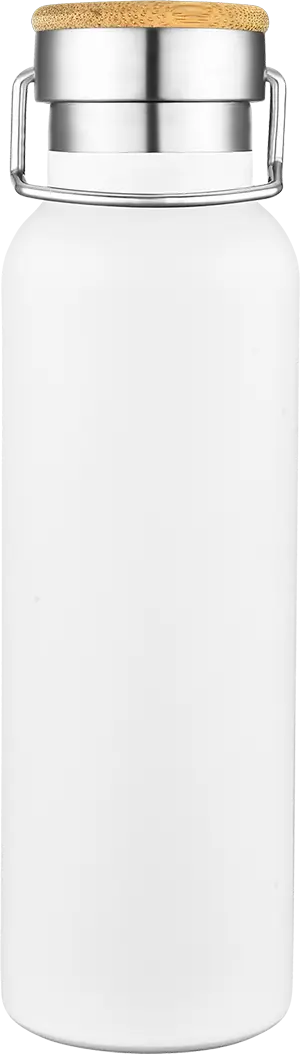 [LS-9991- White] 20oz Powder Coated Stainless Steel Double Wall Vacuum Insulated Bottle w/ Bamboo Lid (White)