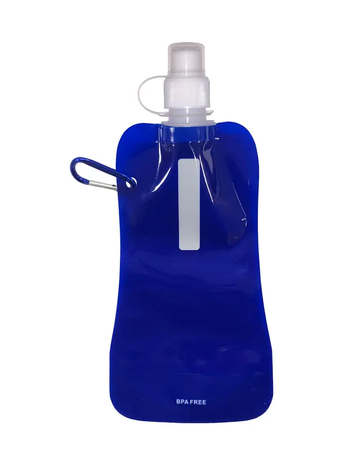 [WB-010- Blue] 16 oz Foldable Reusable Collapsible Water Bottle with Carabiner (Blue)
