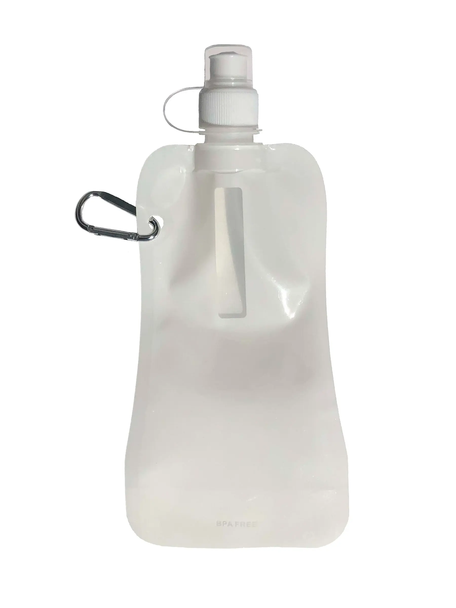 [WB-010- White] 16 oz Foldable Reusable Collapsible Water Bottle with Carabiner (White)