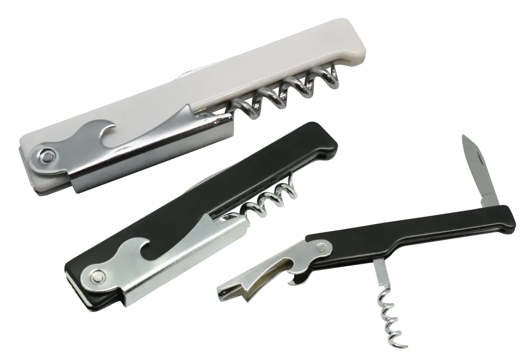 Metal Wine Opener with Corkscrew, Knife, and Plastic Handle