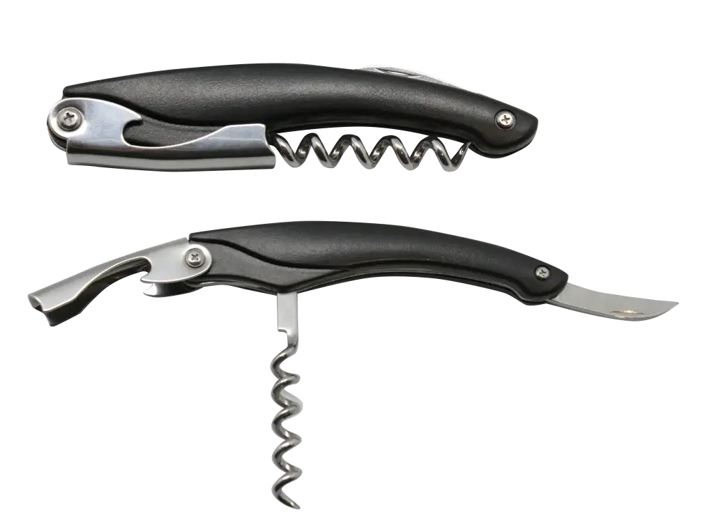 Metal Wine Opener with Corkscrew, Knife, & Black Handle