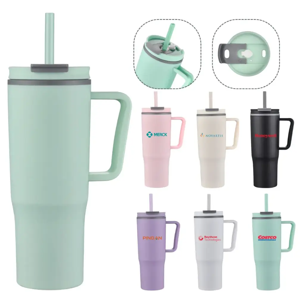 30oz Double wall plastic travel mug with handle and straw