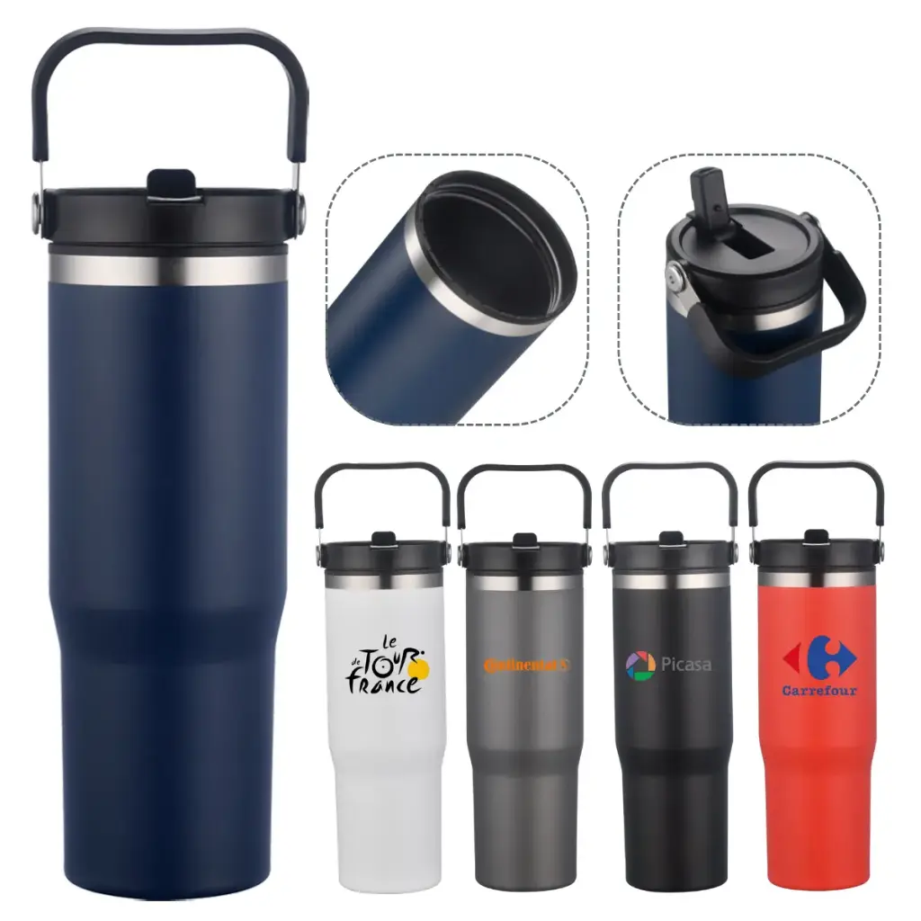 30oz Double Wall tumbler with carrier. Plastic inner, SS outer with powder coating