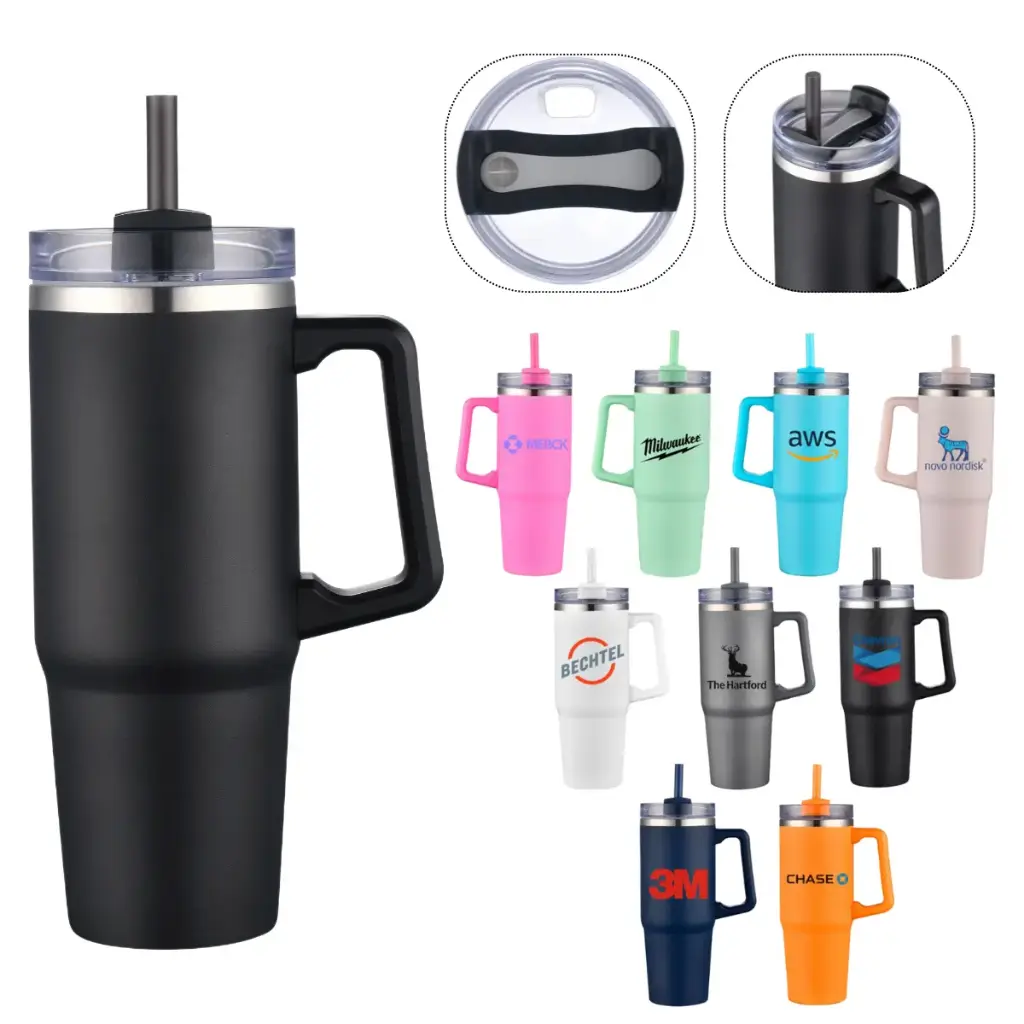 30OZ Double wall SS vacuum mug with handle and straw